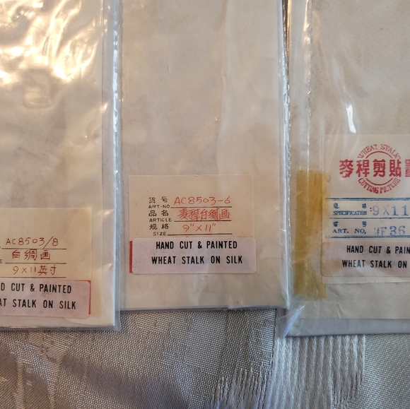 Set of 3 Hand cut and dyed wheat stalk on silk Japanese art piece🎋 Vintage Asia - Picture 6 of 10